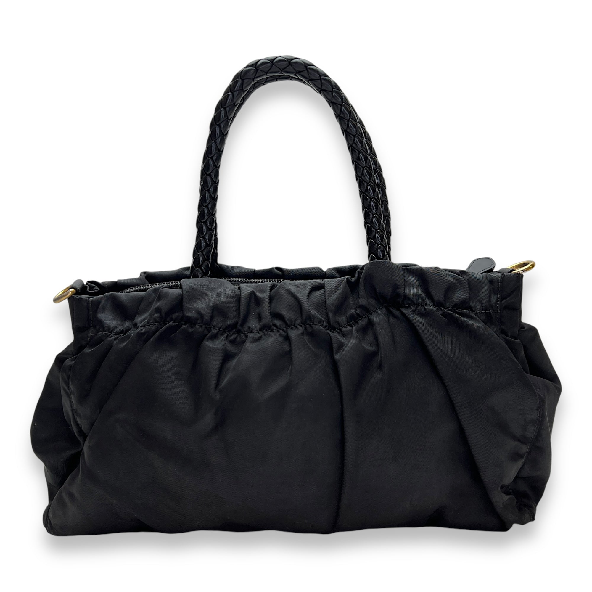 Braided Top Handle Bag Black in Nylon, Gold hardware