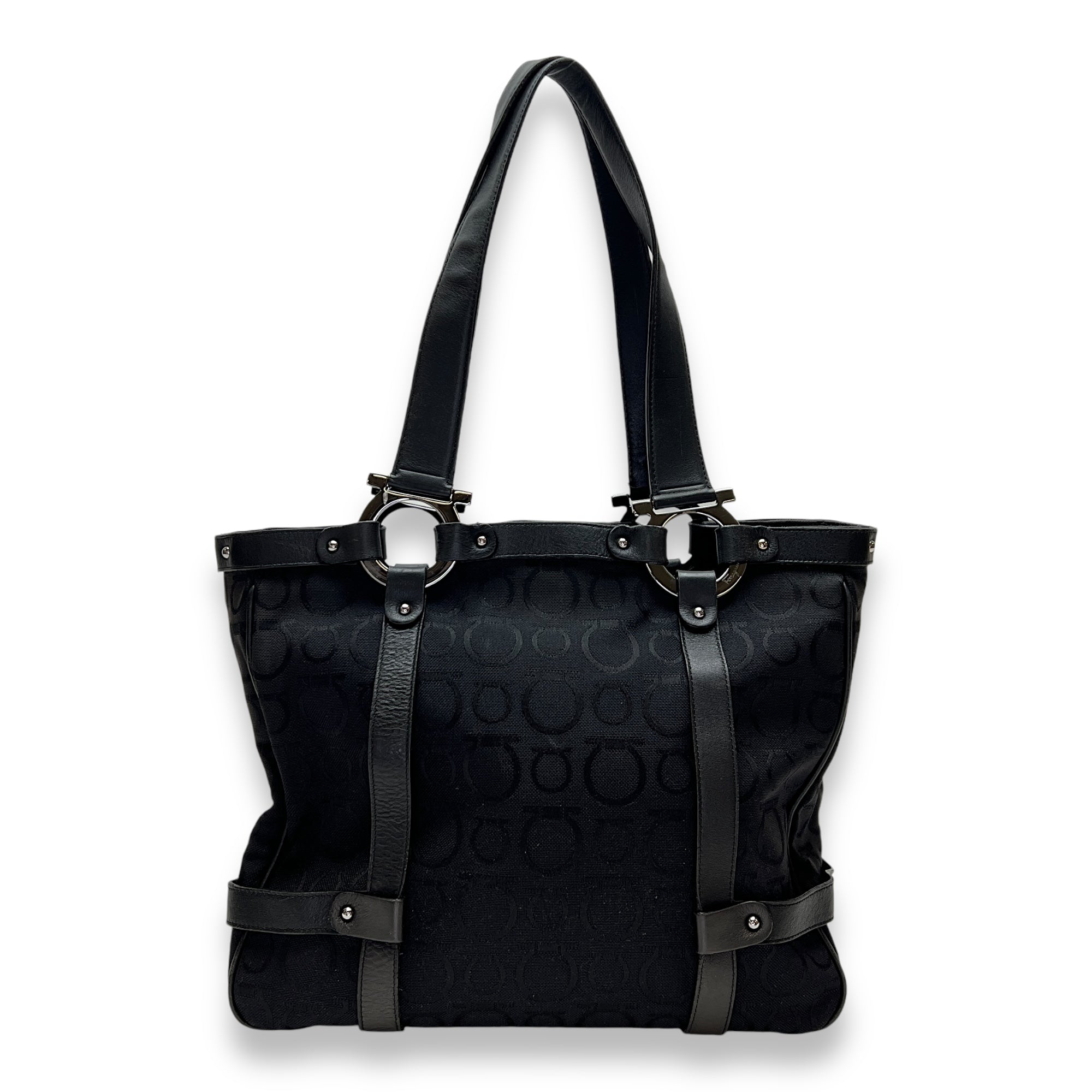 Gancini Top Handle Bag Medium Black in Canvas, Silver hardware