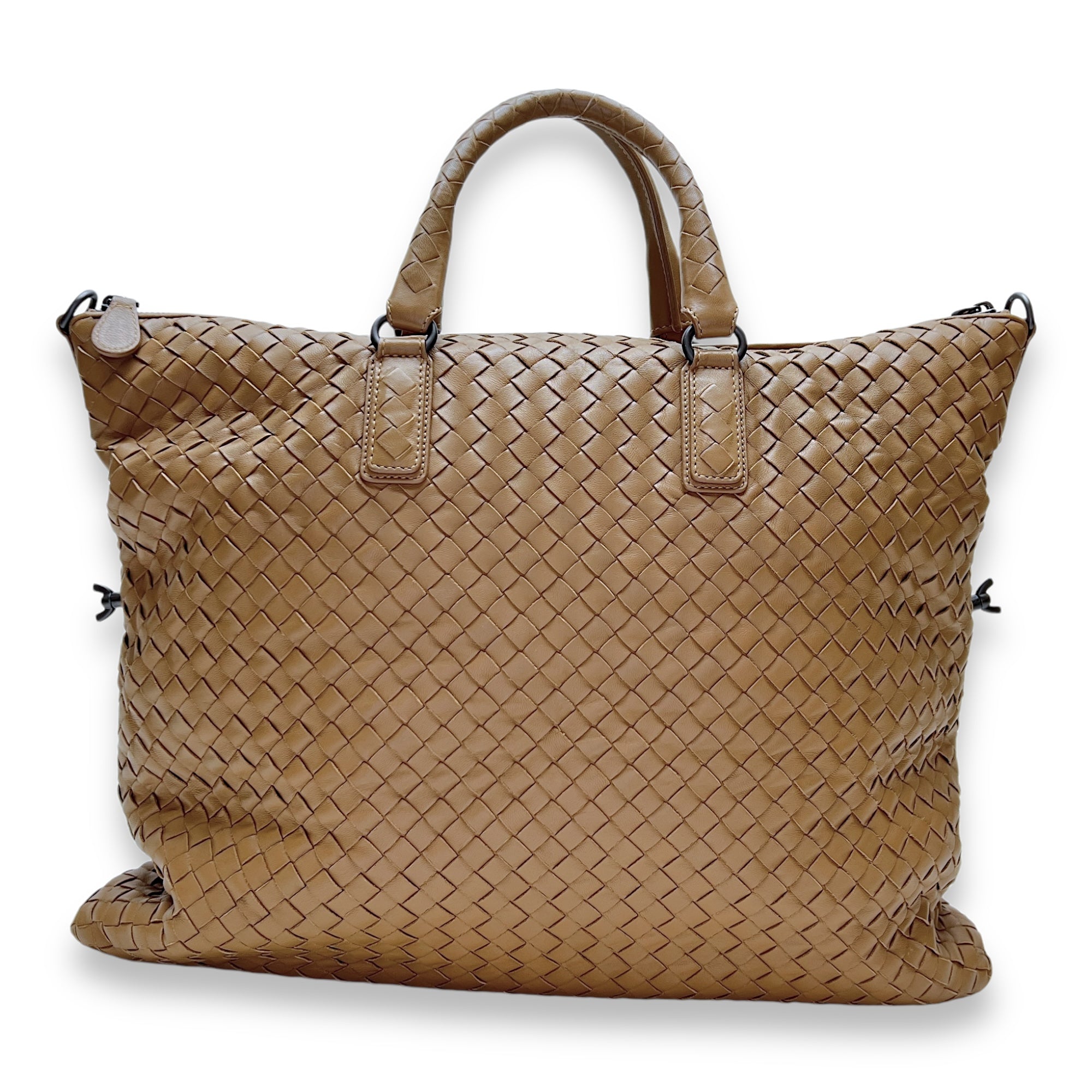 Intrecciato Brown Top Handle Bag in Lambskin, Gunmetal hardware