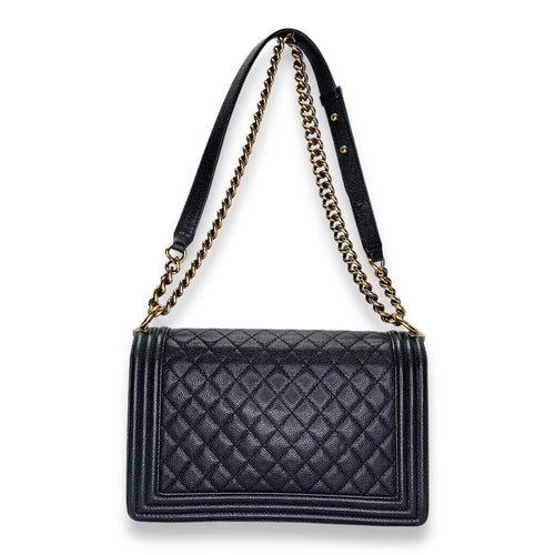 Boy Medium Navy Shoulder Bag in Caviar Leather, Gold hardware