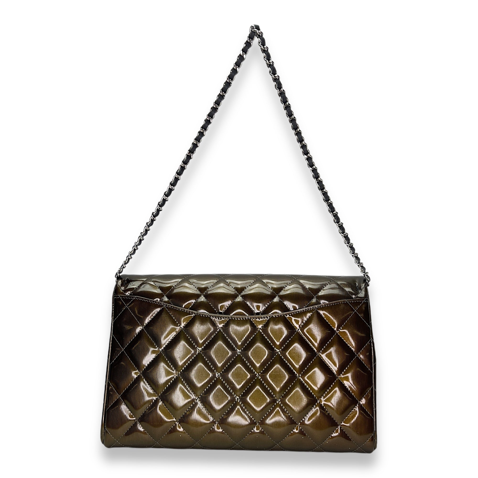 Quilted Flap Green Clutch in Patent Leather, Silver hardware