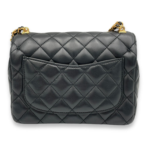 Square Flap Chain Black Crossbody Bag in Lambskin, Gold hardware