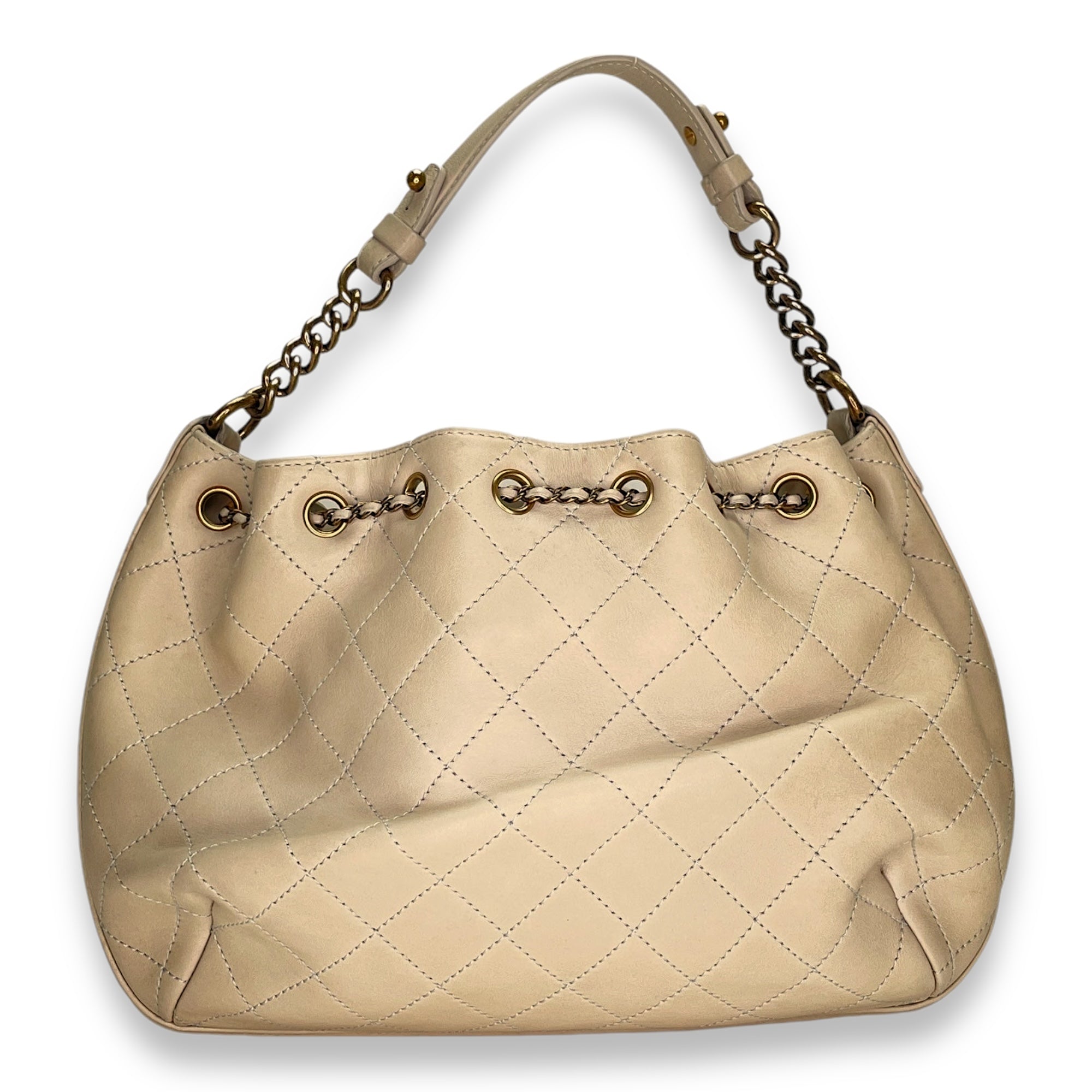 Drawstring CC Beige Bucket Bag in Calfskin, Gold hardware