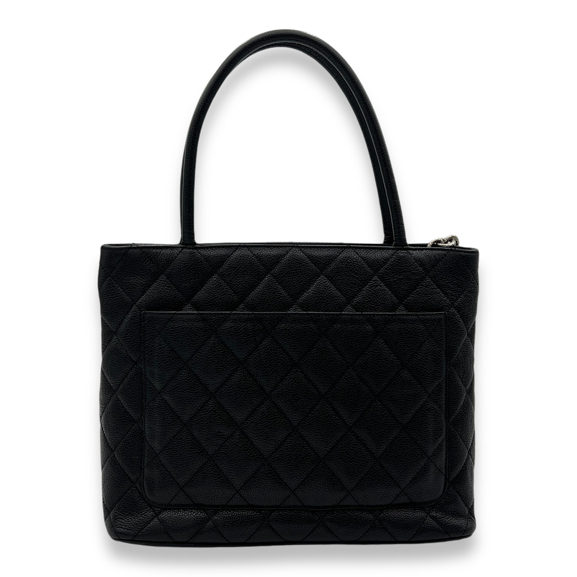 Medallion Tote Bag Black in Caviar Leather, Silver hardware