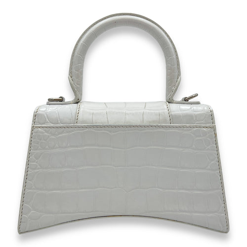 Hourglass XS White Top Handle Bag in Crocodile Embossed Calfskin, Silver hardware