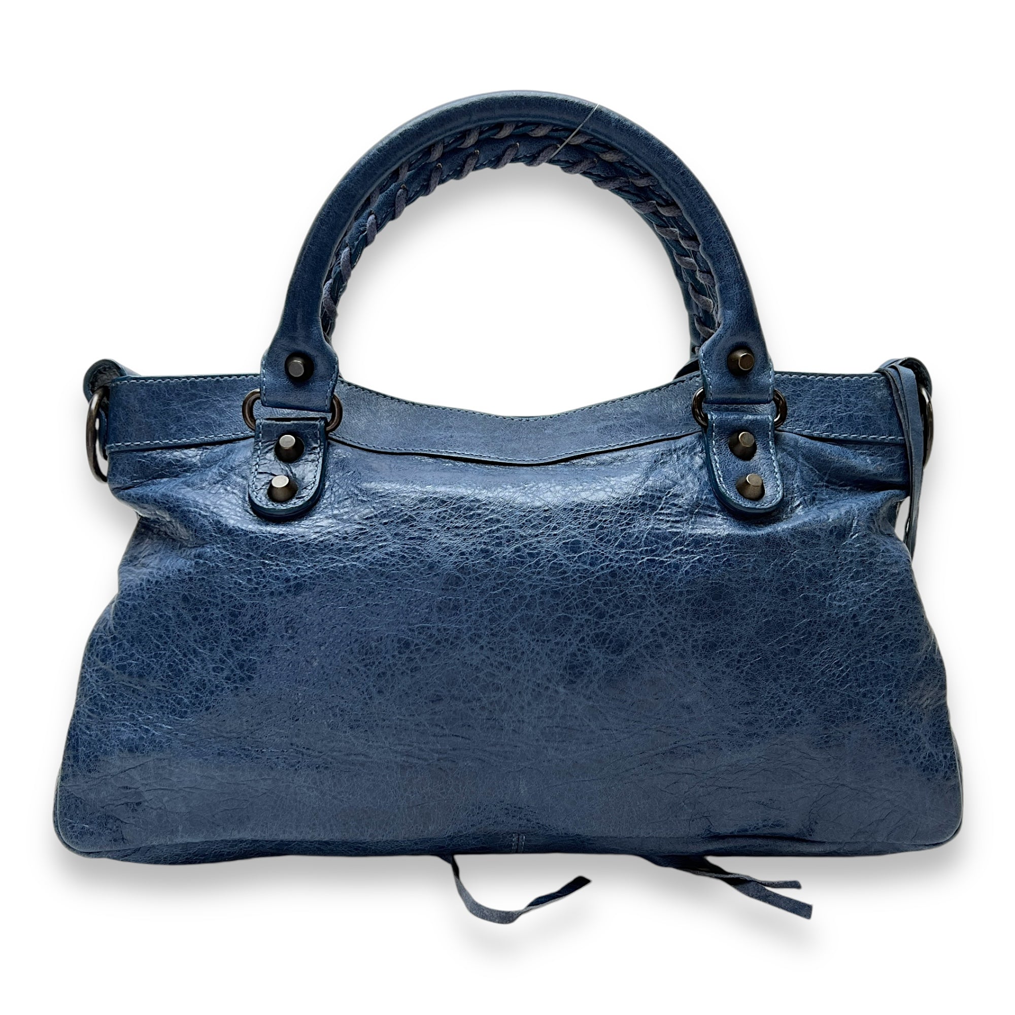 First Blue Shoulder Bag in Distressed Leather, Brushed Gold hardware