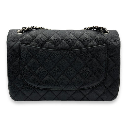 Classic Double Jumbo Black Shoulder Bag in Caviar Leather, Silver hardware