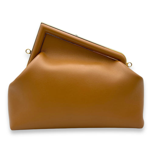 First Medium Brown Shoulder Bag in Calfskin, Gold hardware