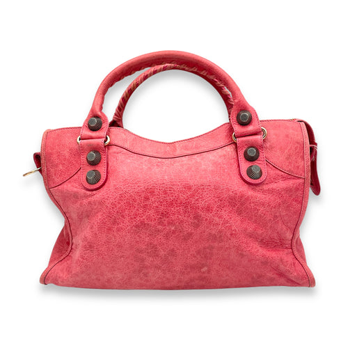 City Medium Pink Top Handle Bag in Distressed Leather, Rose Gold hardware