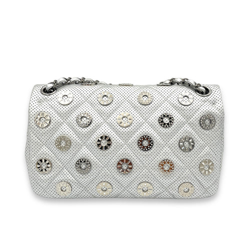 Paris Dubai Flap Silver Shoulder Bag in Perforated Lambskin, Silver hardware