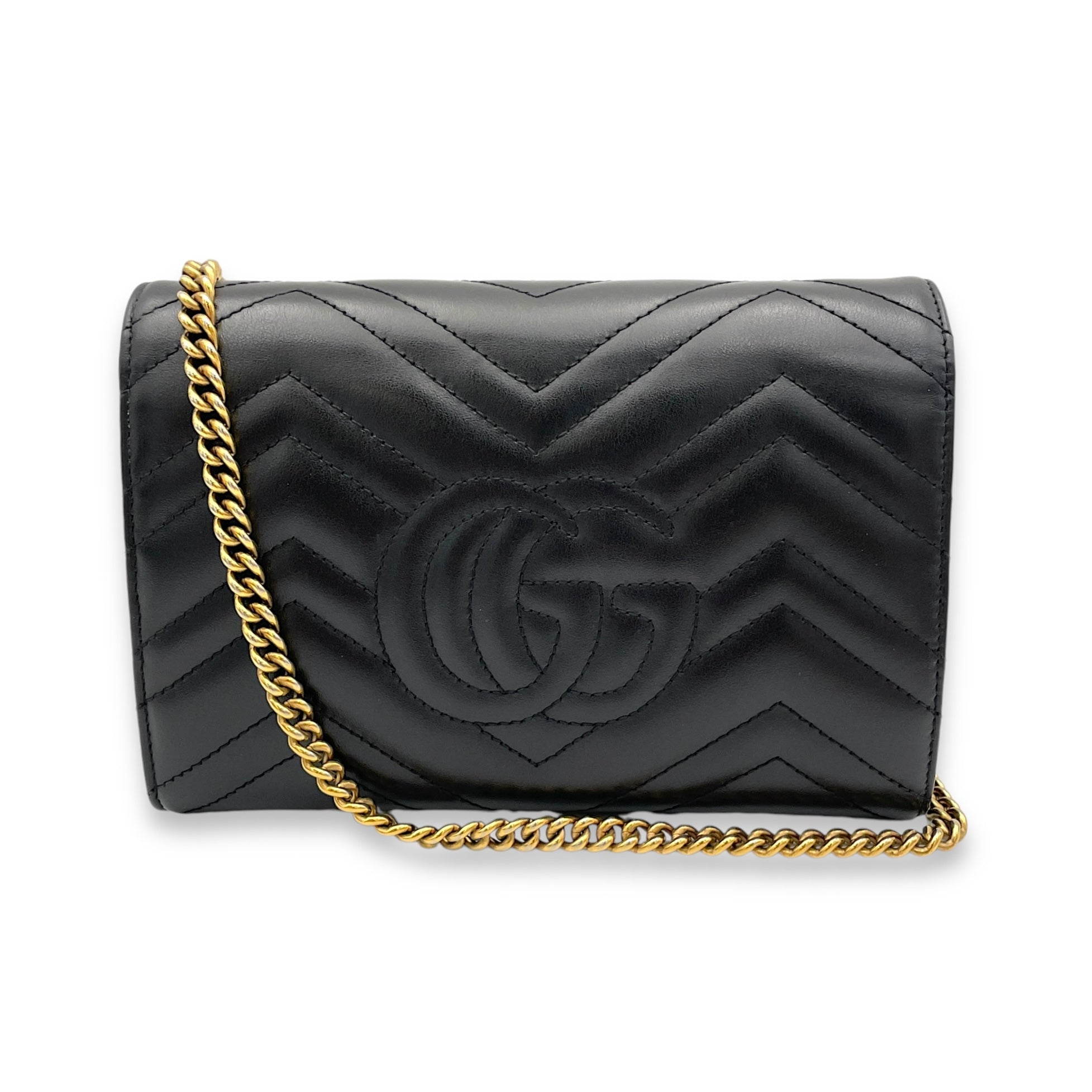 GG Marmont Small Black Wallet On Chain in Lambskin, Gold hardware