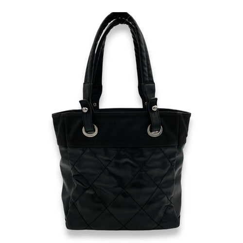 Paris Biarritz Small Black Tote Bag in Coated Canvas, Silver hardware