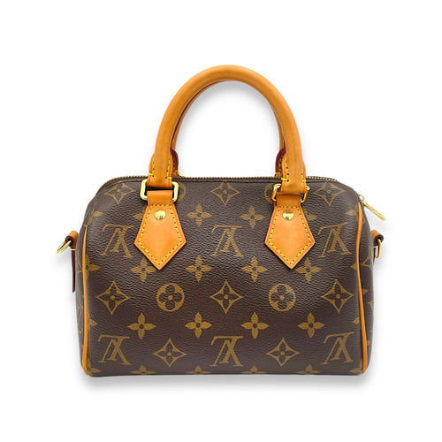 Speedy Bandouliere 20 Brown Top Handle Bag in Monogram Coated Canvas, Gold hardware