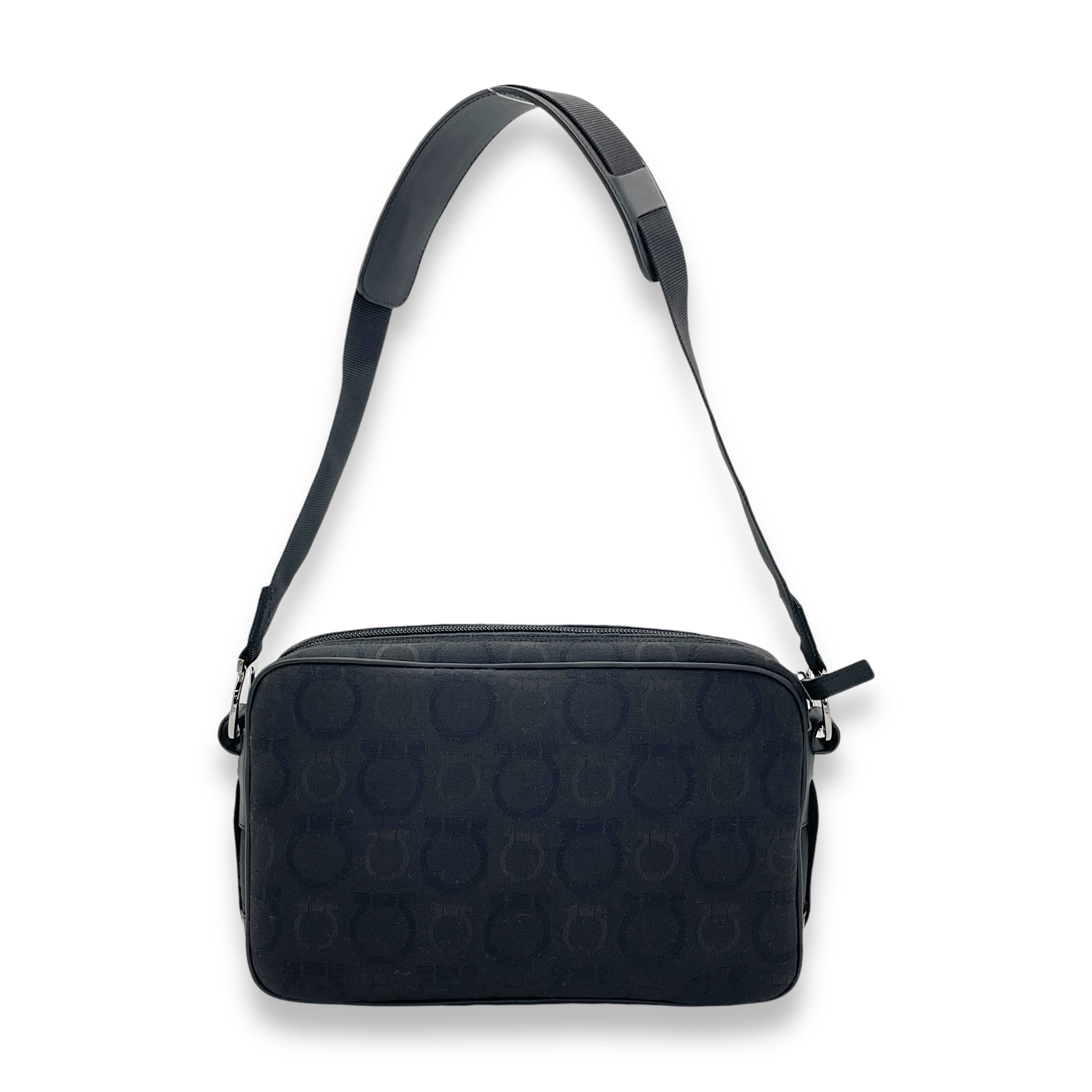 Gancini Shoulder Bag Black in Jacquard, Silver hardware