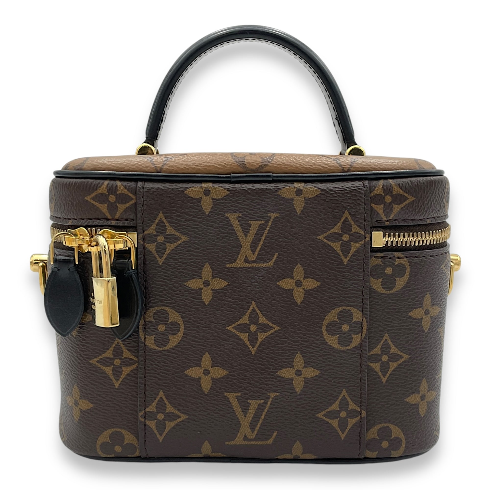 Reverse Vanity PM Brown Top Handle Bag in Monogram Coated Canvas, Gold hardware