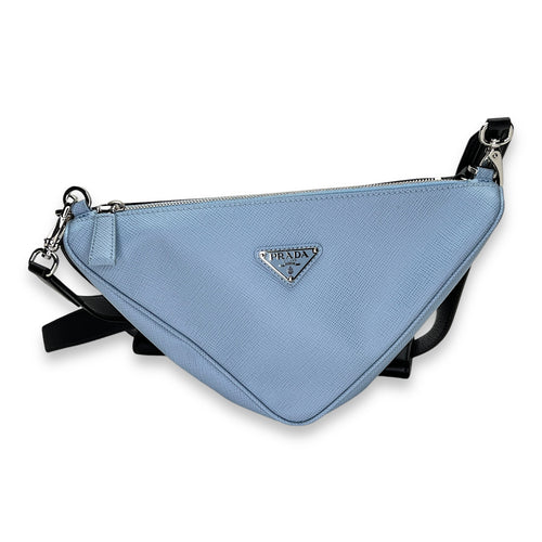 Double Triangle Logo Shoulder bag in Saffiano leather, Silver Hardware