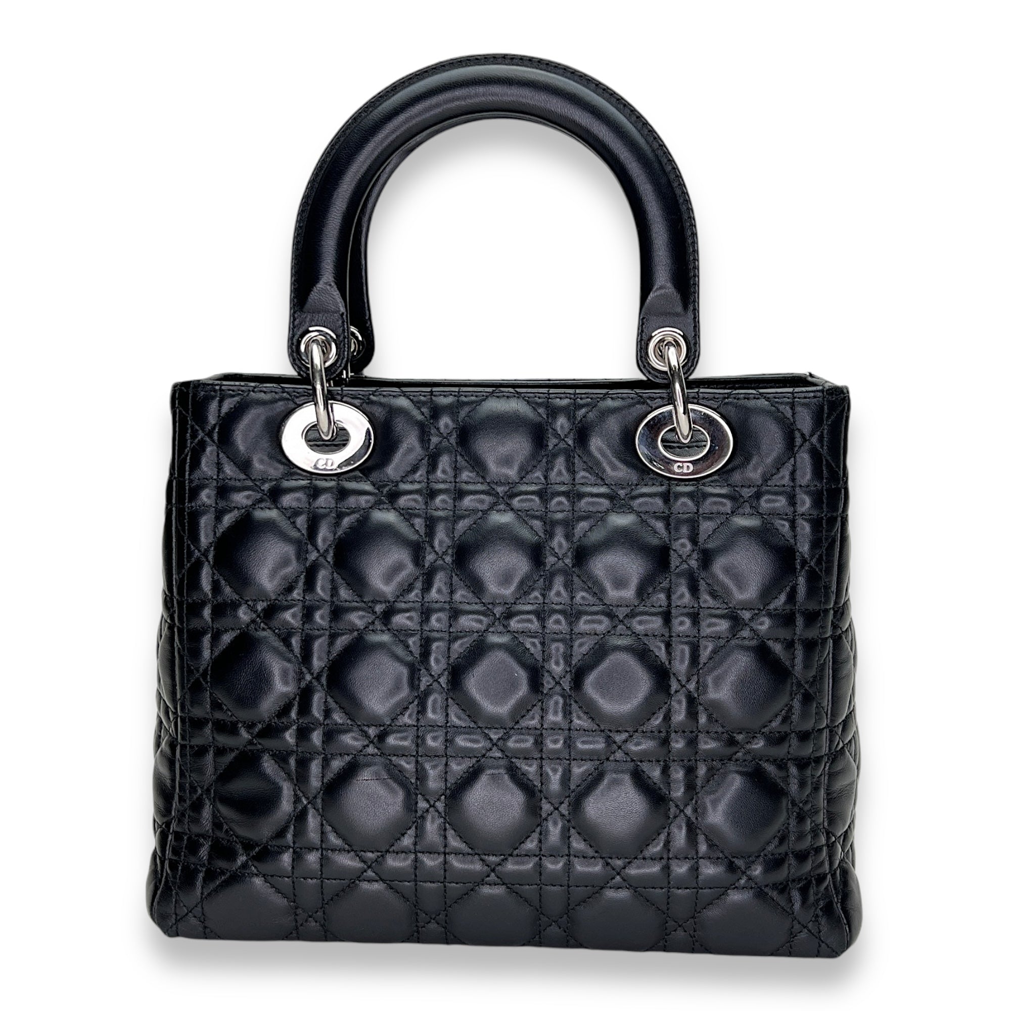 Lady Dior Medium Top handle bag in Lambskin, Silver Hardware