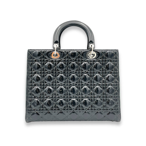 Lady Dior Large Top handle bag in Patent leather, Silver Hardware