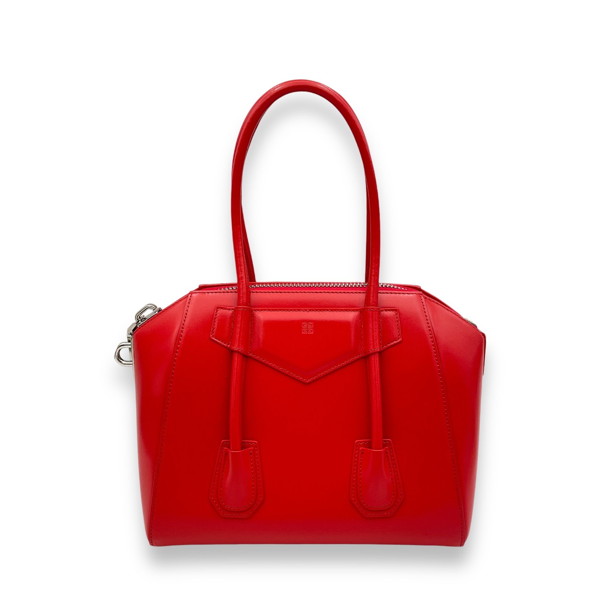 Lock Antigona Small Red Top Handle Bag in Calfskin, Silver hardware