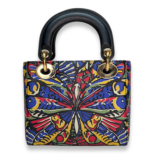 Butterfly Print Lady Dior mini Top handle bag in Calfskin, Gold Hardware