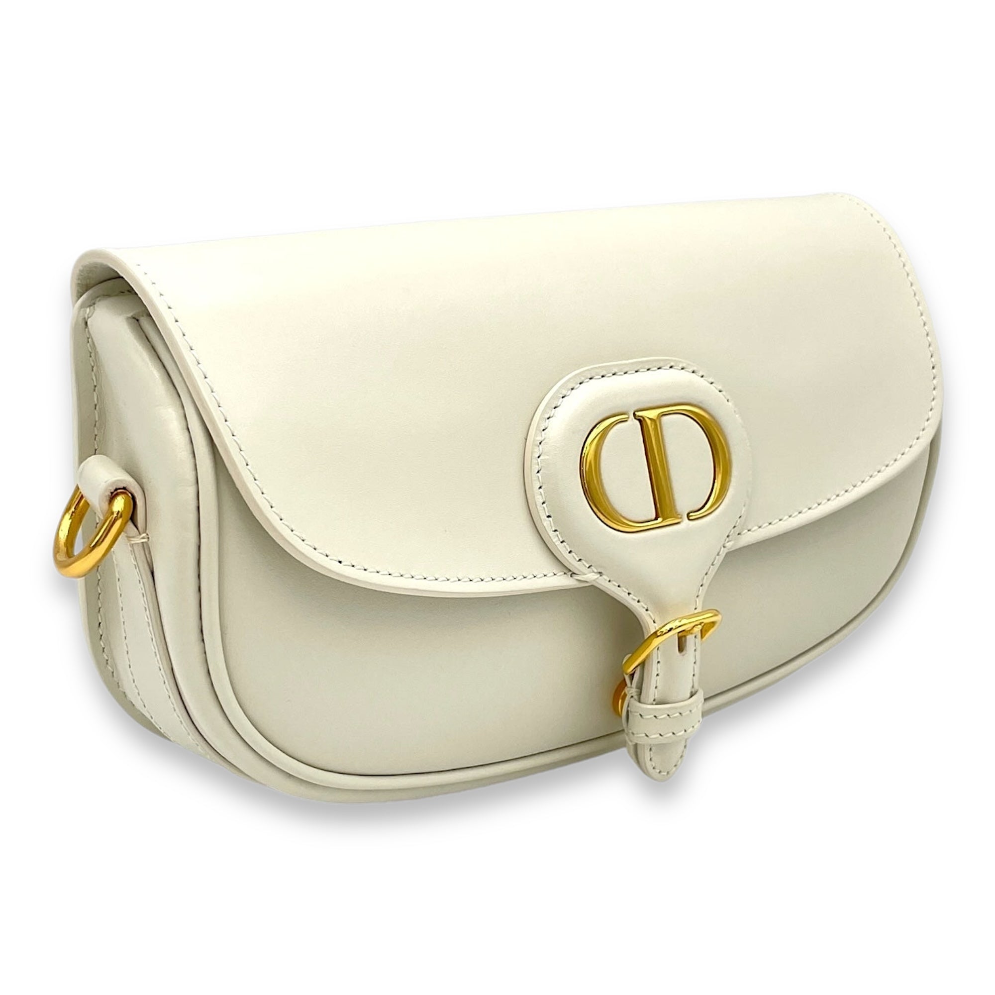 Bobby East West White Crossbody Bag in Calfskin, Gold hardware