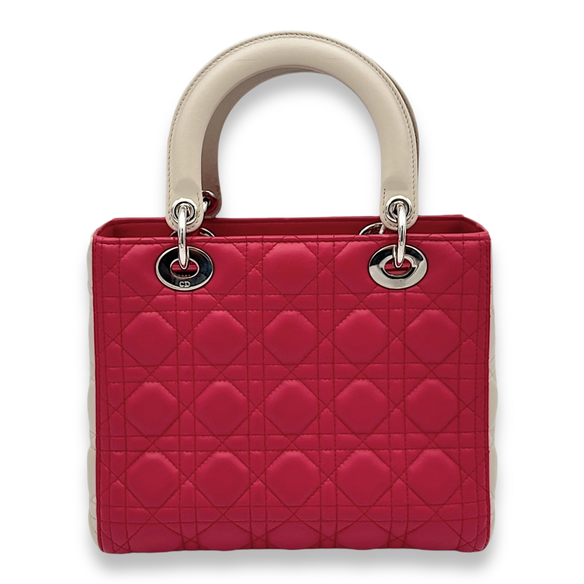 Lady Dior Medium Pink Top Handle Bag in Lambskin, Silver hardware