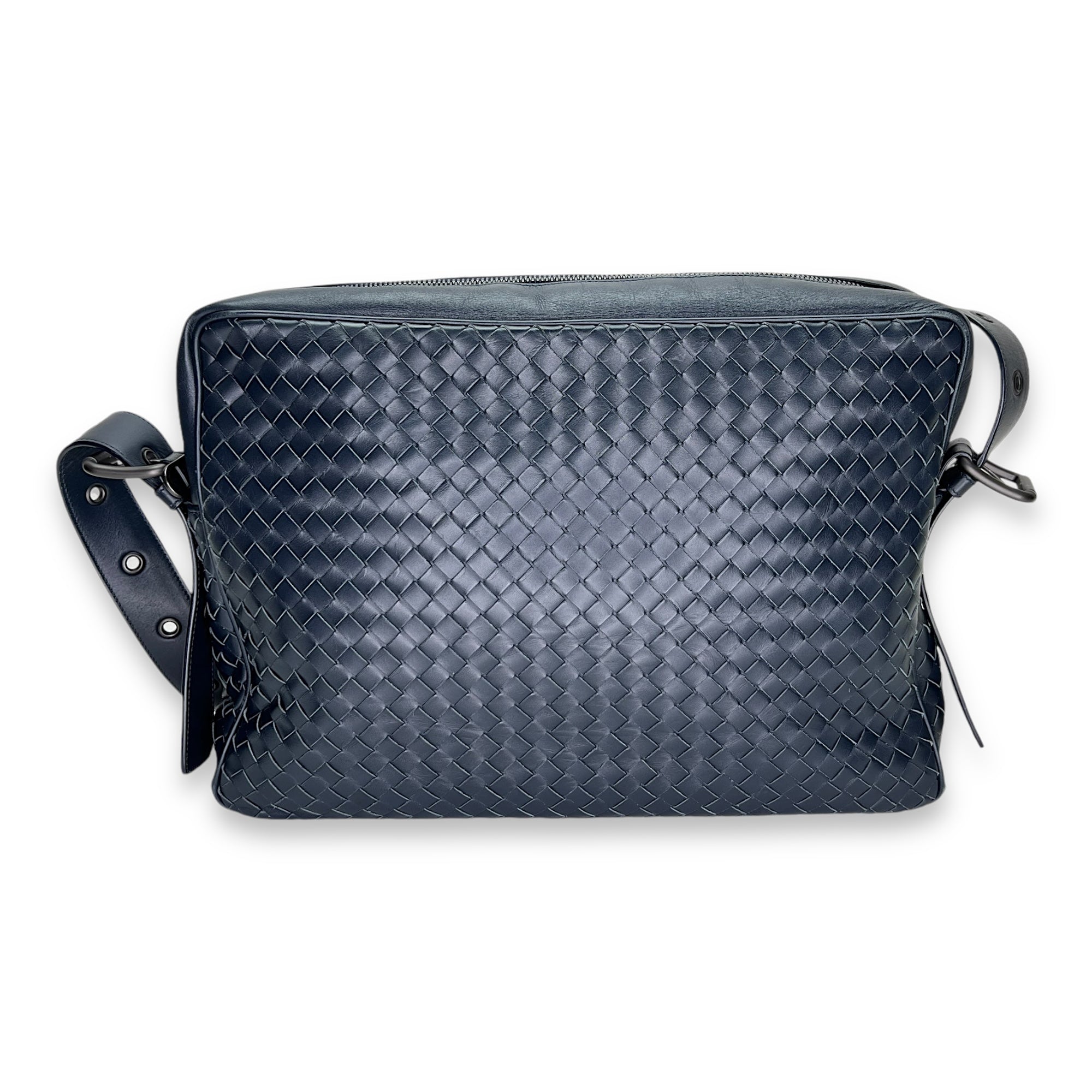 Intrecciato  Messenger Bag Navy in Calfskin, Ruthenium