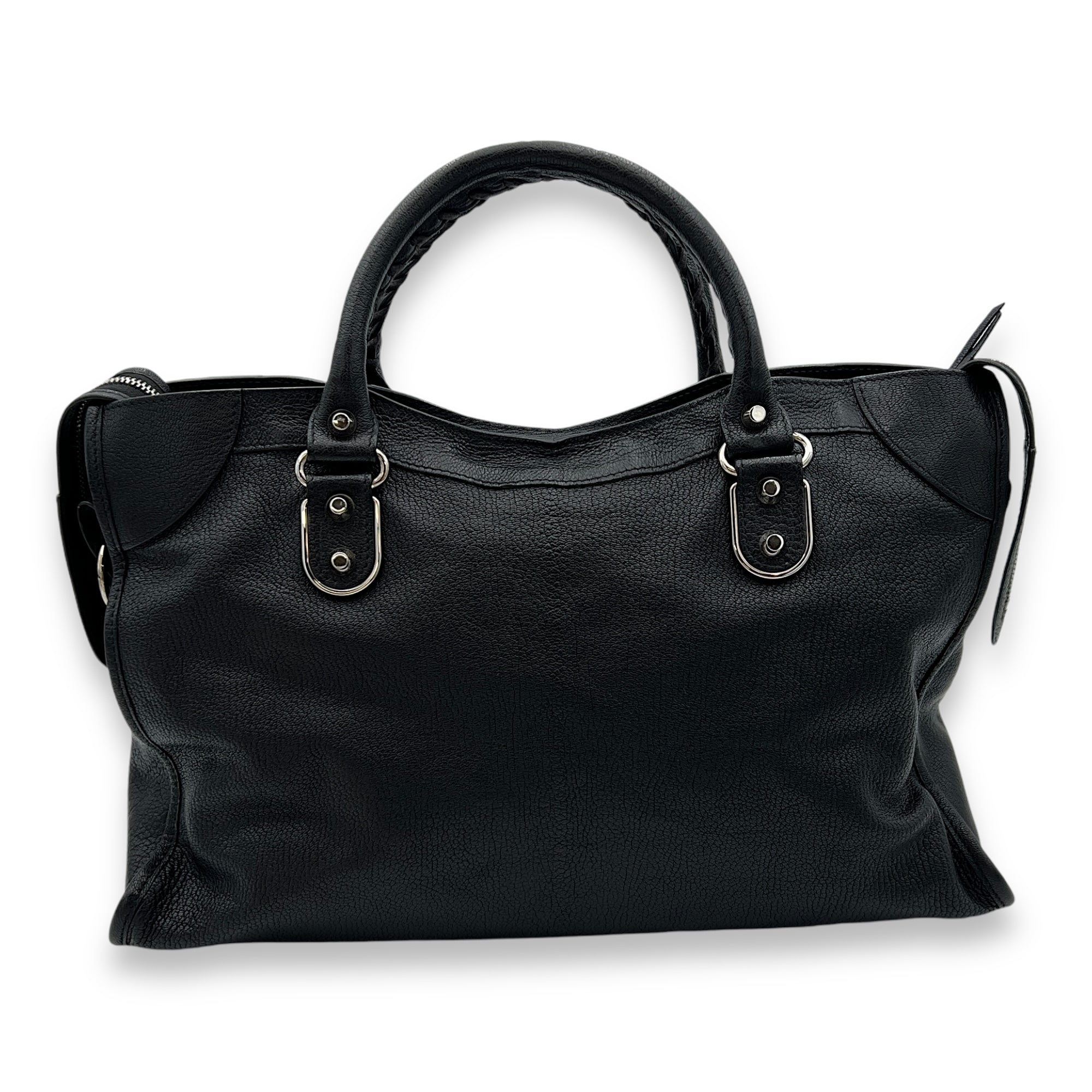 Metallic Edge City Top Handle Bag Black in Goat Leather, Silver hardware