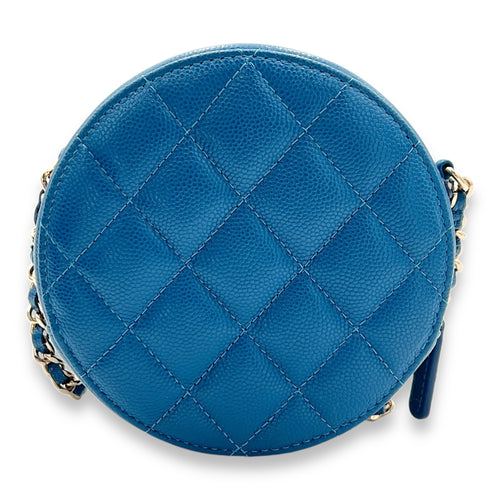 CC Quilted Pearl Crush Round Blue Crossbody Bag in Caviar Leather, Gold hardware