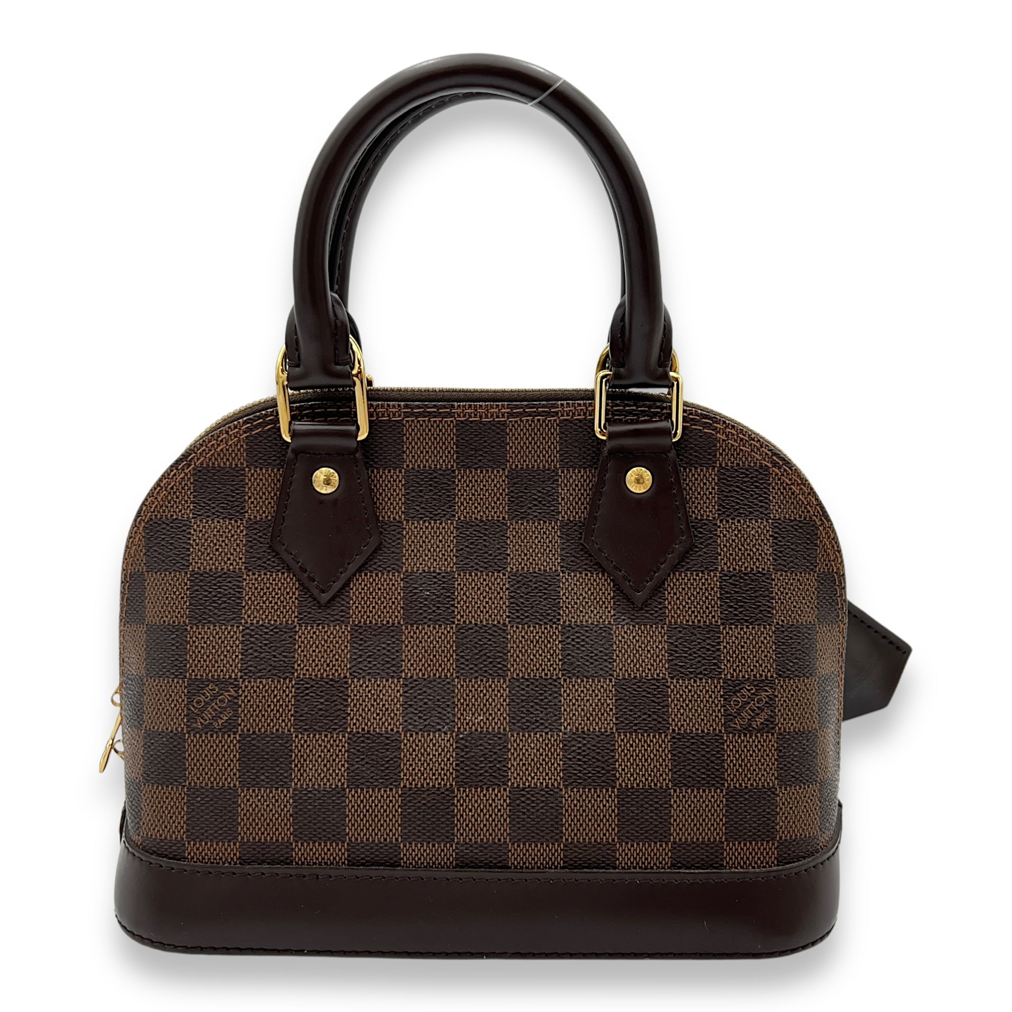 Alma BB Damier Ebene Top Handle Bag in Coated Canvas, Gold hardware