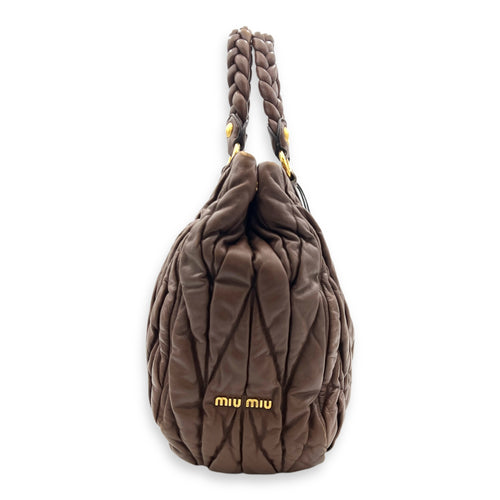 Matelassé Brown Top Handle Bag in Calfskin, Gold hardware