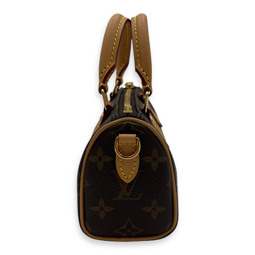 Speedy Bandouliere Nano Brown Top Handle Bag in Monogram Coated Canvas, Gold hardware