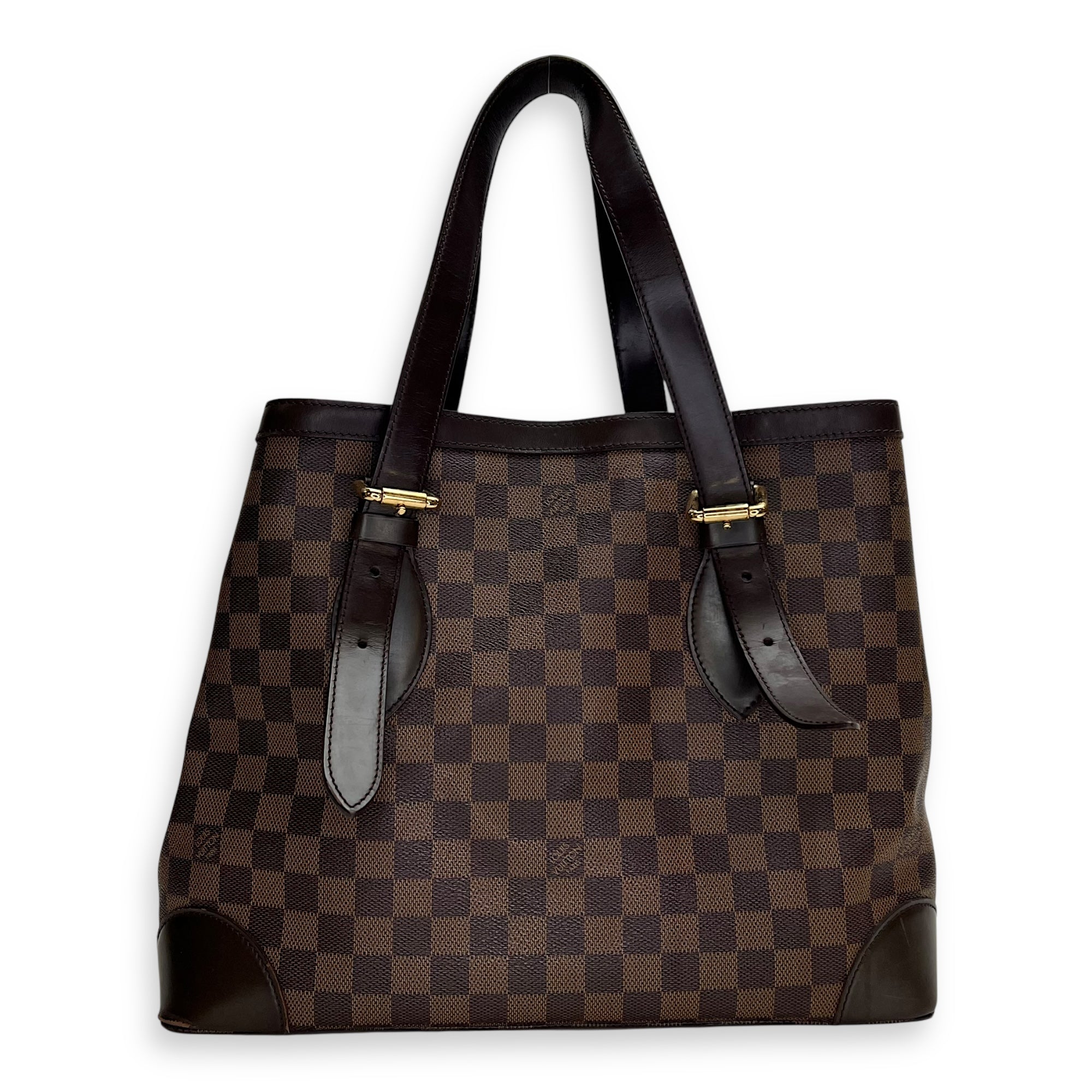 Hampstead MM Damier Ebene Top Handle Bag in Coated Canvas, Gold hardware