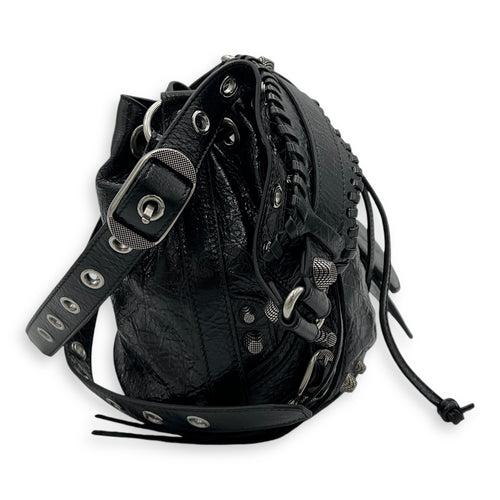 Le Cagole XS Black Bucket Bag in Distressed Leather, Silver hardware