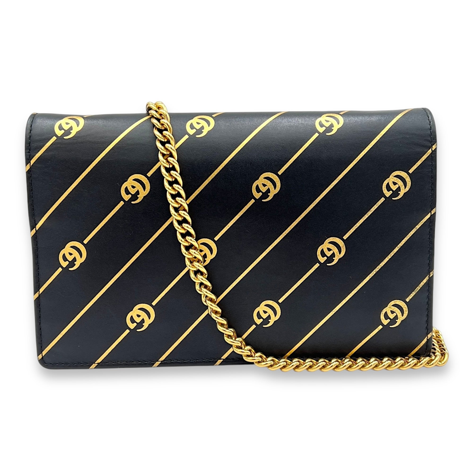 GG Black Wallet On Chain in Calfskin, Gold hardware