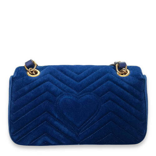 GG Marmont Small Blue Shoulder Bag in Velvet, Gold hardware