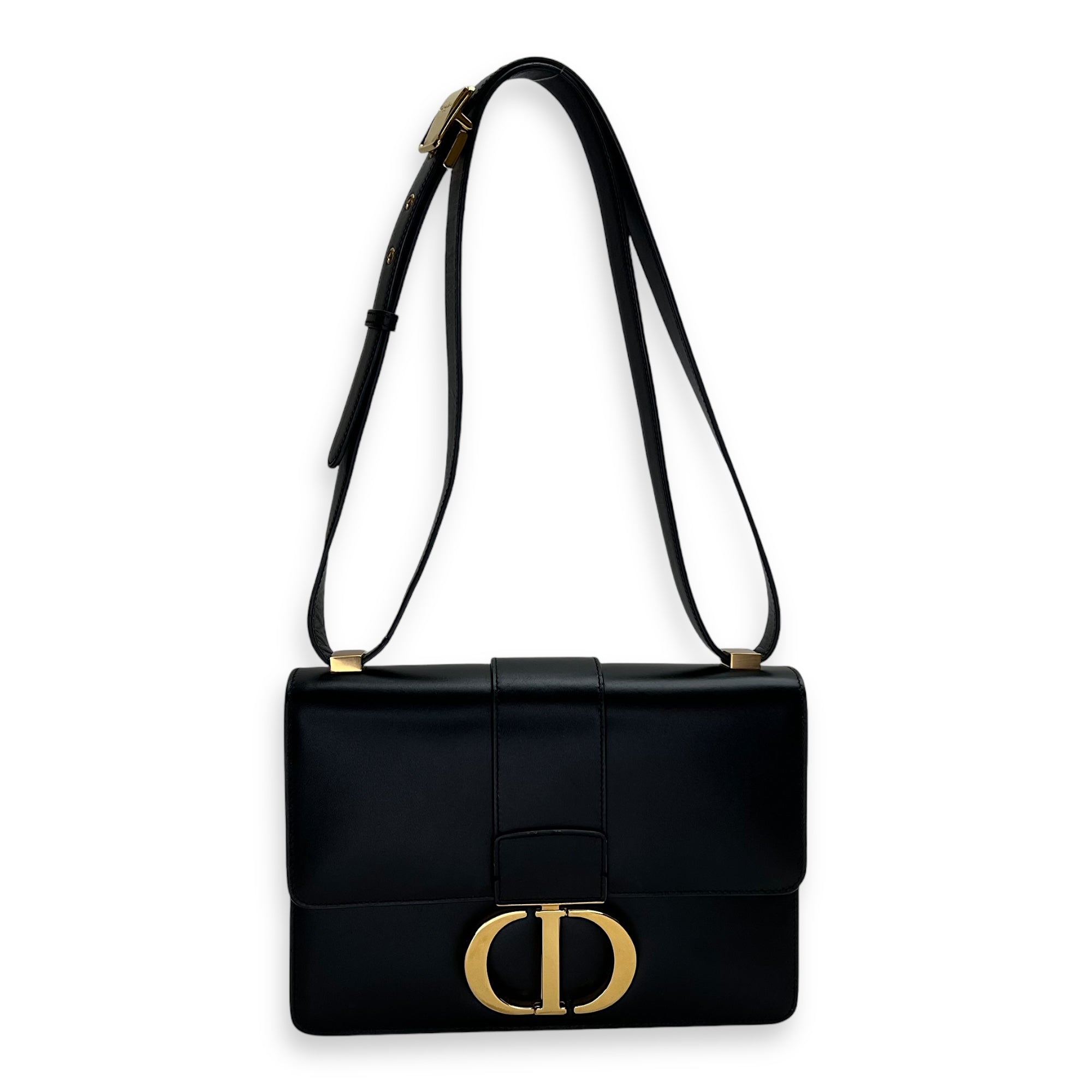 30 Montaigne Medium Black Crossbody Bag in Calfskin, Gold hardware