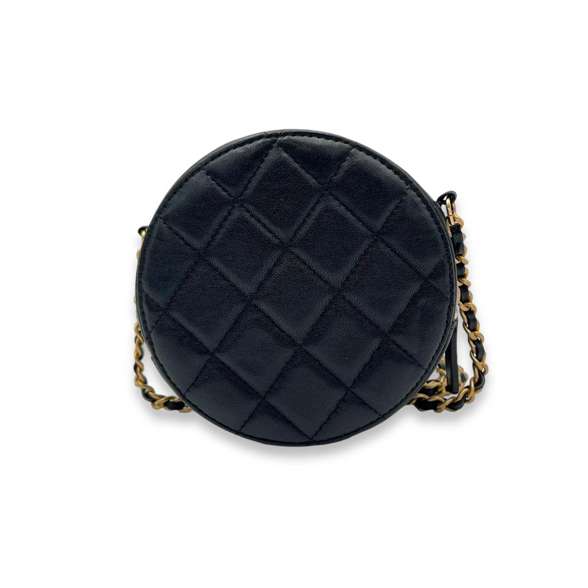 Round CC Crossbody Bag Black in Lambskin, Gold hardware