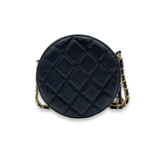 Round CC Crossbody Bag Black in Lambskin, Gold hardware