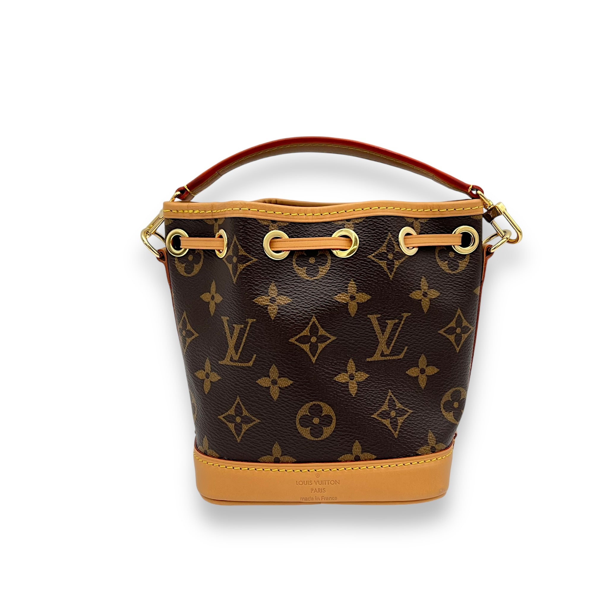 Noe Bucket Bag Nano Brown in Monogram Coated Canvas, Gold hardware