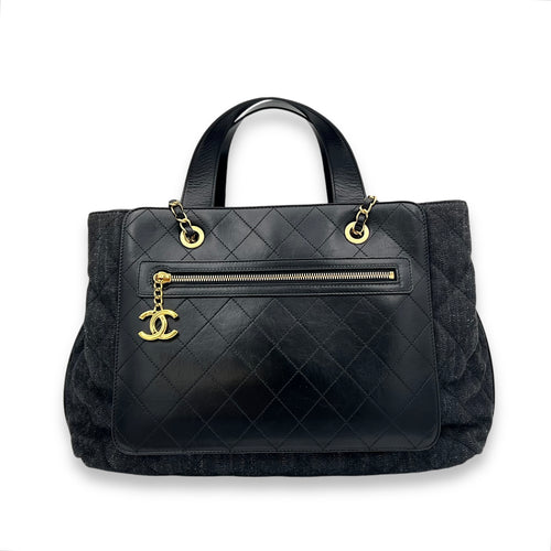 Quilted Shopping Black Tote Bag in Denim, Gold hardware