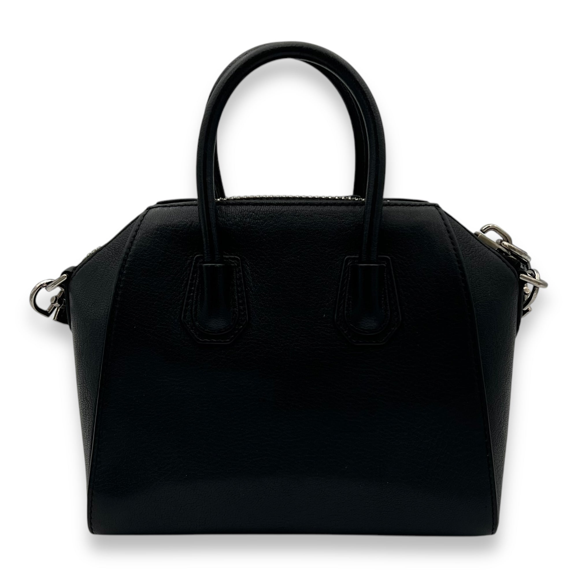 Antigona Mini Black Top Handle Bag in Goat Leather, Silver hardware