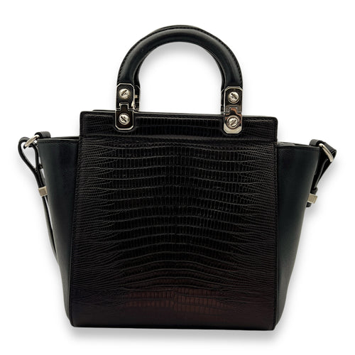 HDG Mini Black Top Handle Bag in Lizard Embossed Calfskin, Silver hardware