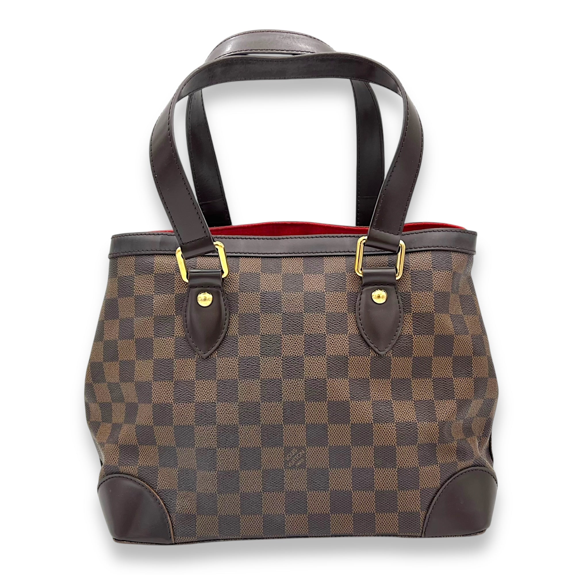 Hampstead PM Damier Ebene Top Handle Bag in Coated Canvas, Gold hardware