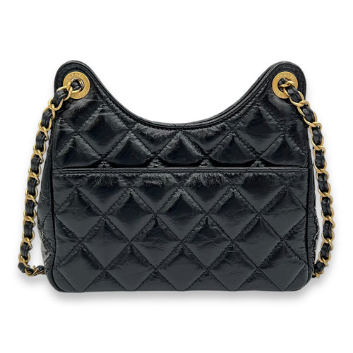 Hobo Black Shoulder Bag in Shiny Calfskin, Gold hardware