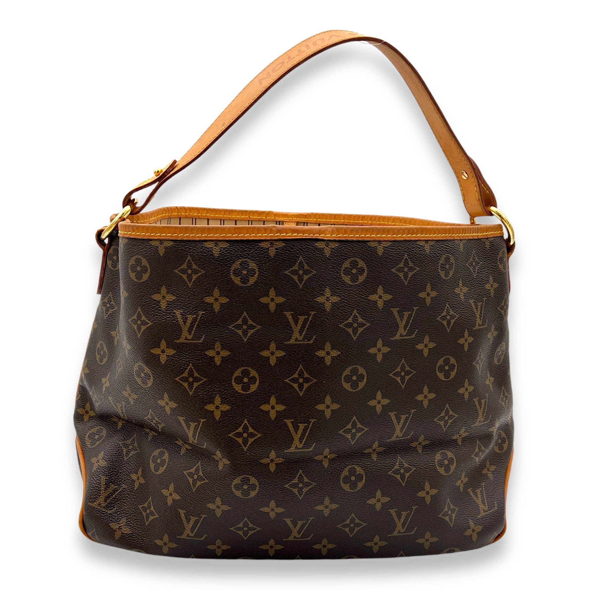 Delightful PM Brown Shoulder Bag in Monogram Coated Canvas, Gold hardware