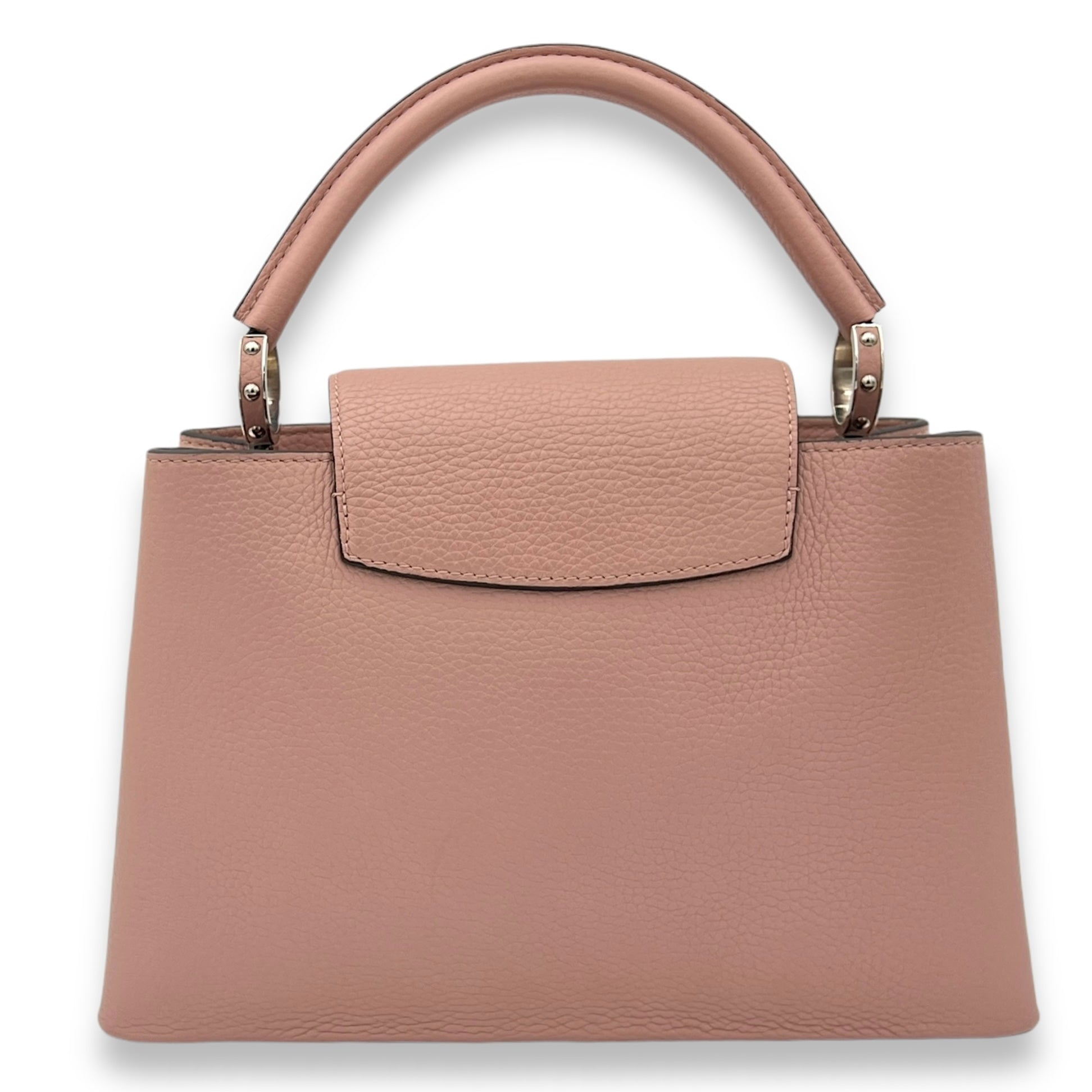 Capucines PM Pink Top Handle Bag in Taurillon Leather, Silver hardware