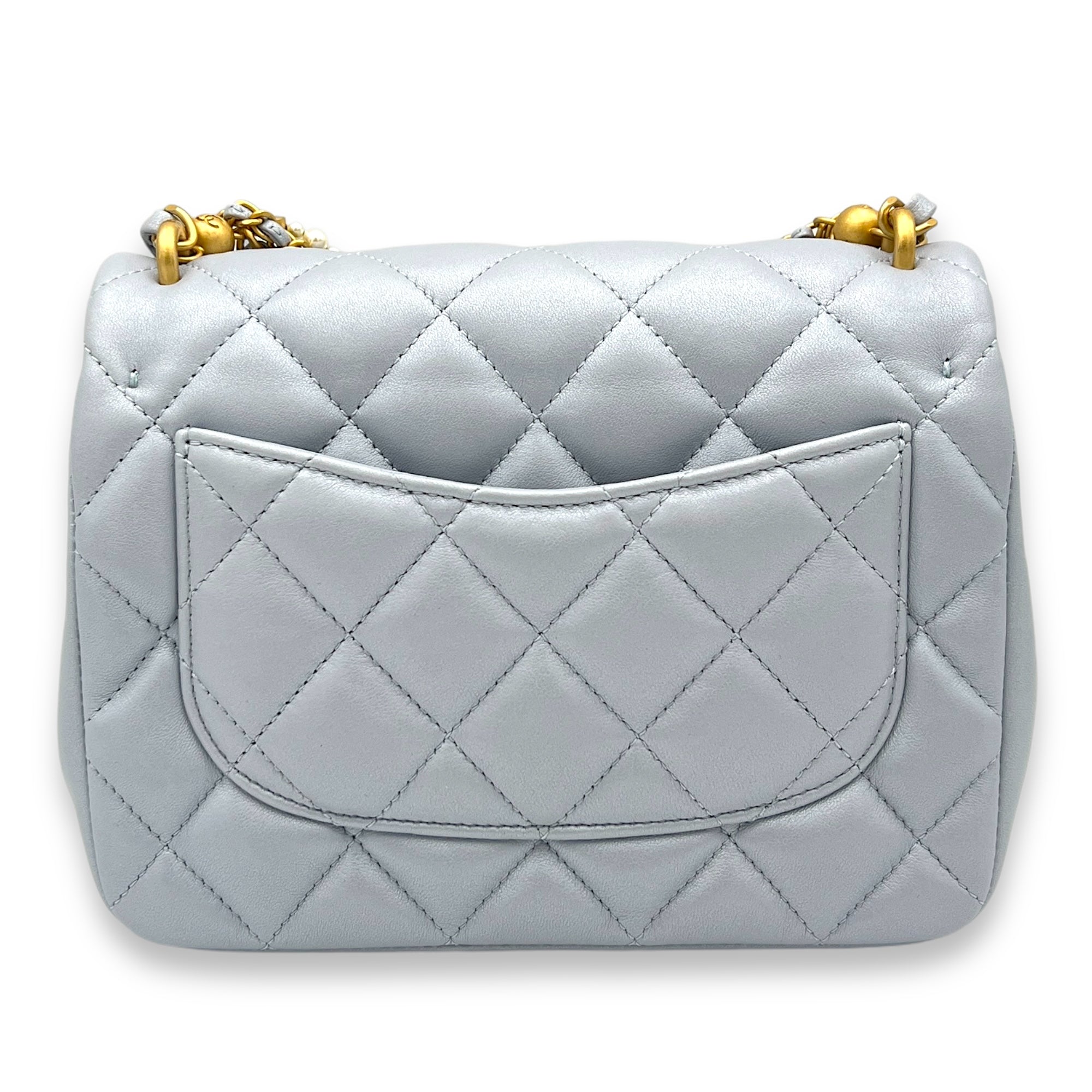 Quilted Pearl Twist Square Mini Grey Crossbody Bag in Lambskin, Gold hardware