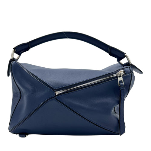 Puzzle Medium Blue Top Handle Bag in Calfskin, Silver hardware