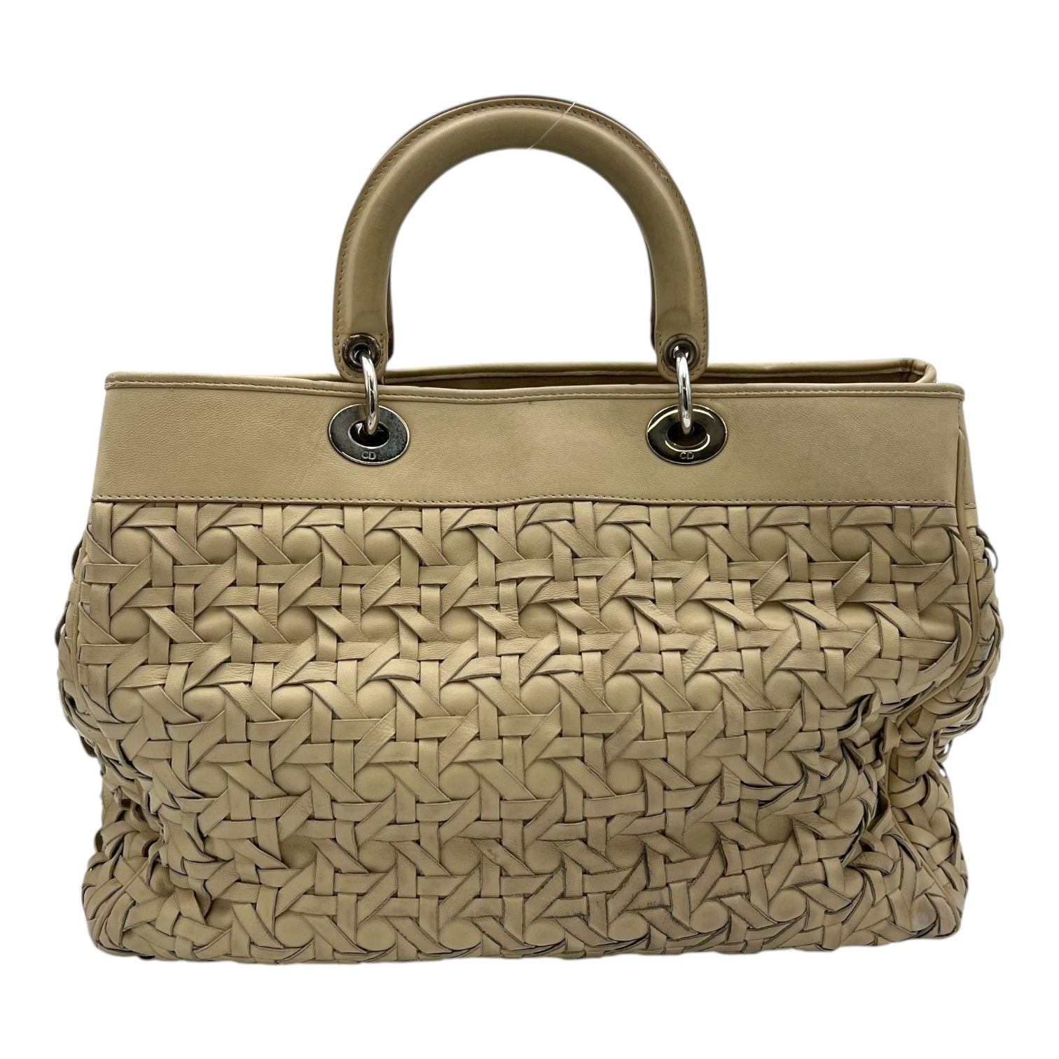 Avenue Cannage Weave Beige Top Handle Bag in Lambskin, Silver hardware